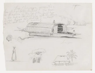 Schetsen uit Colombia- Rivierschepen (Champan), een vrouw, groep bomen, een huis